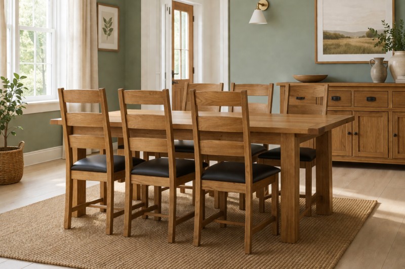 Salisbury Waxed Premium Oak Large Ext Dining Table Set + 6 Slat Back PU Chairs Salisbury Waxed Premium Oak Large Ext Dining Table Set + 6 Slat Back PU Chairs