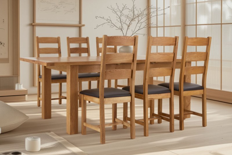 Salisbury Waxed Premium Oak Large Ext Dining Table Set + 6 Slat Back PU Chairs Salisbury Waxed Premium Oak Large Ext Dining Table Set + 6 Slat Back PU Chairs