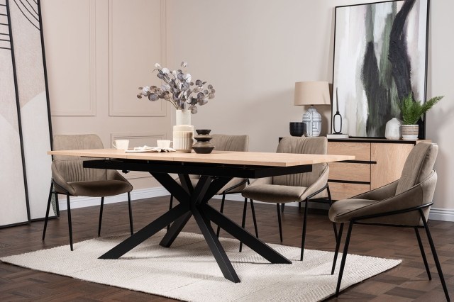 Jaxon Oak Finish 160-220cm Ext Dining Table Set with x4 Jackson Chairs in Taupe Jaxon Oak Finish 160-220cm Ext Dining Table Set with x4 Jackson Chairs in Taupe