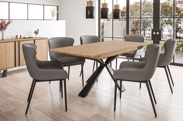Heron Industrial Oak 160-200cm Extending Dining Table Set with Metal Base & 6 Chairs Heron Industrial Oak 160-200cm Extending Dining Table Set with Metal Base & 6 Chairs