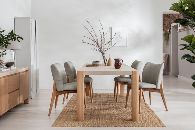 Arlo Natural Oak 140cm Travertine Ceramic Dining Table Set with 4 Spencer Chairs Arlo Natural Oak 140cm Travertine Ceramic Dining Table Set with 4 Spencer Chairs