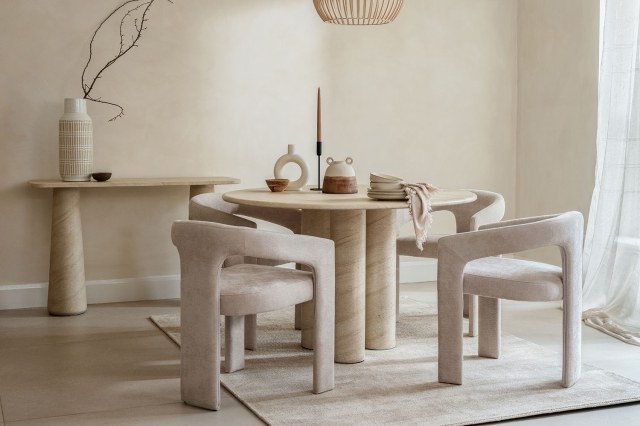 Ida Travertine Stone 120cm Round Dining Table Set with 4 Georgia Chairs Ida Travertine Stone 120cm Round Dining Table Set with 4 Georgia Chairs