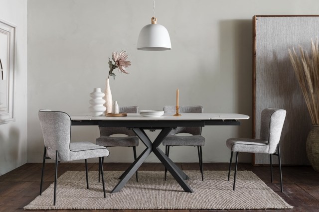 Sintered Stone 140-200cm Twist Extending Dining Table Set in White with x4 Maya Chairs Sintered Stone 140-200cm Twist Extending Dining Table Set in White with x4 Maya Chairs