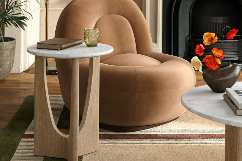 Portobello Oak Round Side Table with Travertine Top Portobello Oak Round Side Table with Travertine Top