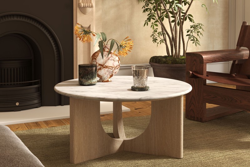 Portobello Oak Round Coffee Table with Travertine Top Portobello Oak Round Coffee Table with Travertine Top