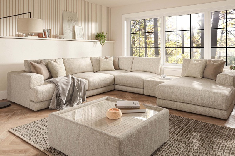 Niki Fabric Modular Large Corner Sofa Group with Chaise End and Glass Table Niki Fabric Modular Large Corner Sofa Group with Chaise End and Glass Table