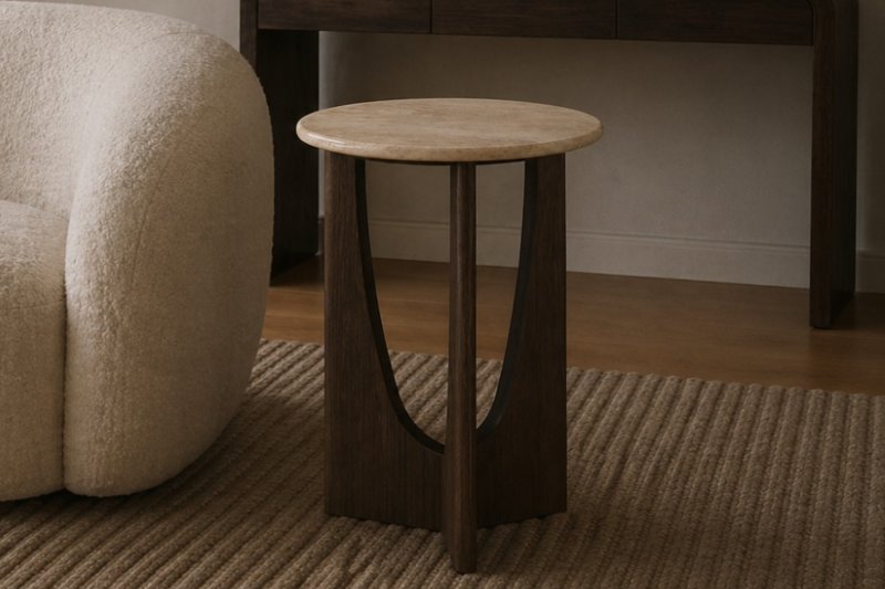 California Dark Oak Round Side Table with Travertine Top California Dark Oak Round Side Table with Travertine Top