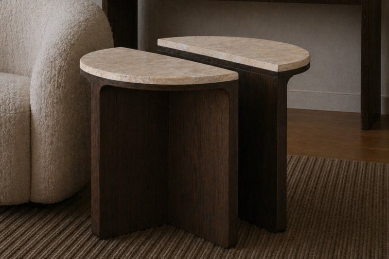 California Dark Oak Half Moon Nest of Tables with Travertine Top California Dark Oak Half Moon Nest of Tables with Travertine Top