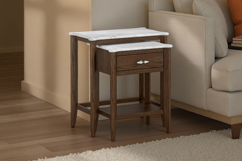 Florence Walnut Stained Oak Nest of Tables with Marble Top Florence Walnut Stained Oak Nest of Tables with Marble Top