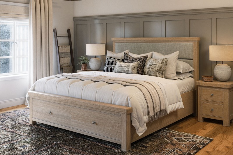 Normandy White Wash Storage Bedframe with Grey Fabric Headboard Normandy White Wash Storage Bedframe with Grey Fabric Headboard