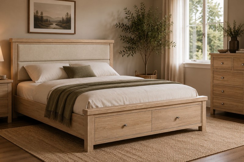 Normandy White Wash Storage Bedframe with Cream Herringbone Headboard Normandy White Wash Storage Bedframe with Cream Herringbone Headboard
