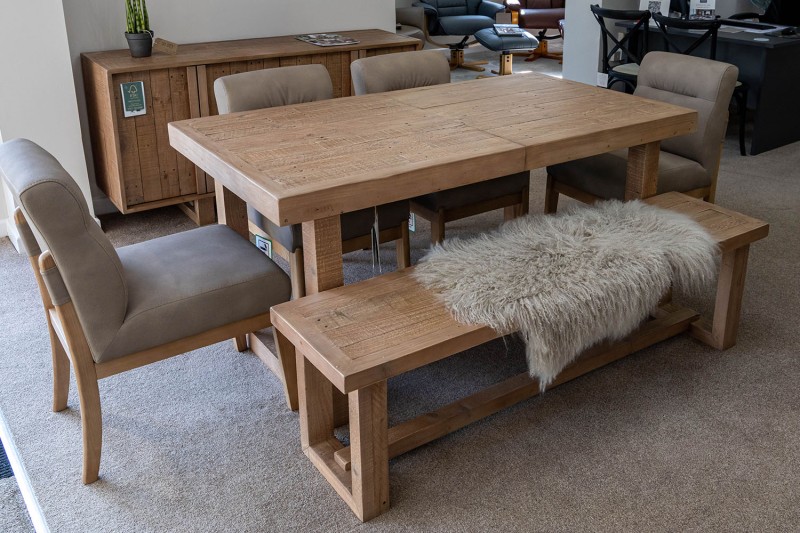 Ex-Display Liskeard - Baker Oakley Ext Dining Table + Bench + 4 Chairs Ex-Display Liskeard - Baker Oakley Ext Dining Table + Bench + 4 Chairs