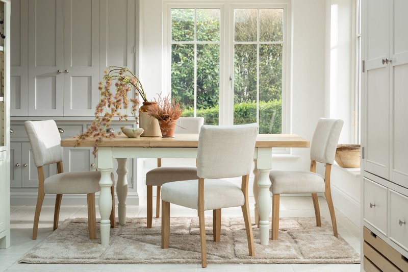 Burford Painted Oak 130-180cm Ext Dining Table Set + 4 Upholstered Chairs Burford Painted Oak 130-180cm Ext Dining Table Set + 4 Upholstered Chairs