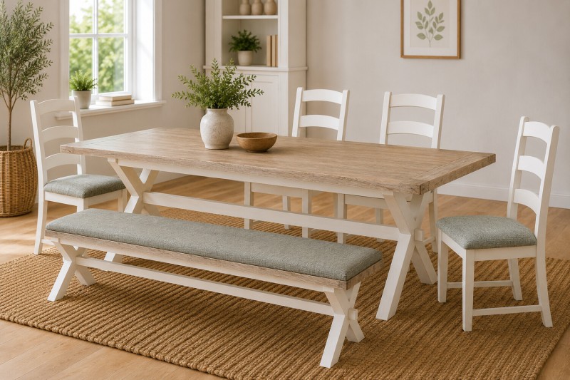 Windsor Country Oak Painted Cross-Leg 200-245cm Ext Dining Table Set Windsor Country Oak Painted Cross-Leg 200-245cm Ext Dining Table Set
