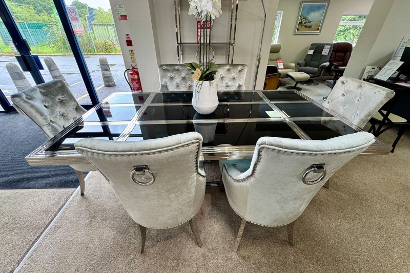 Ex-Display Liskeard - Chrome Glass Dining Table + 6 Chairs Ex-Display Liskeard - Chrome Glass Dining Table + 6 Chairs