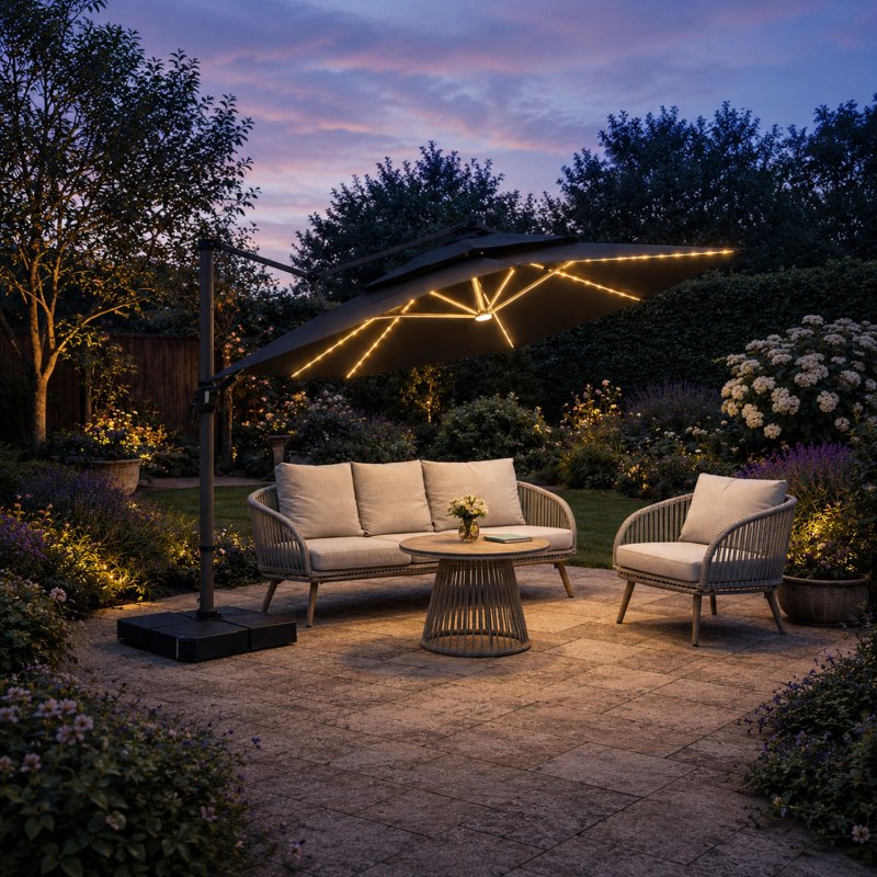 Camber 3m Square Cantilever Parasol with Solar LED Lights in Coffee Brown Camber 3m Square Cantilever Parasol with Solar LED Lights in Coffee Brown