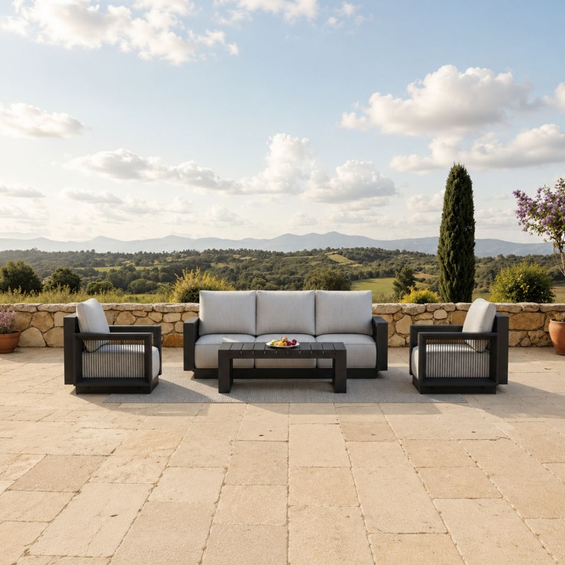 Ikos 5 Seater Luxury Lounge Set in Onyx Architectural Aluminium & Slat Table Ikos 5 Seater Luxury Lounge Set in Onyx Architectural Aluminium & Slat Table