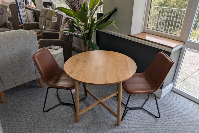 Ex-Display Newquay - Gallery Direct Kingham Round Dining Table + 2 Hawking Brown Chairs Ex-Display Newquay - Gallery Direct Kingham Round Dining Table + 2 Hawking Brown Chairs