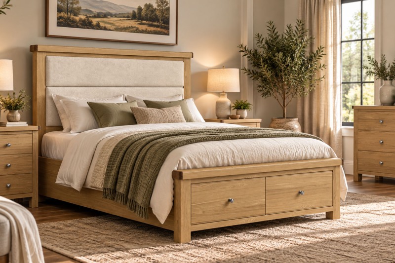 Normandy Chunky Country Oak Storage Bedframe with Cream Fabric Headboard Normandy Chunky Country Oak Storage Bedframe with Cream Fabric Headboard