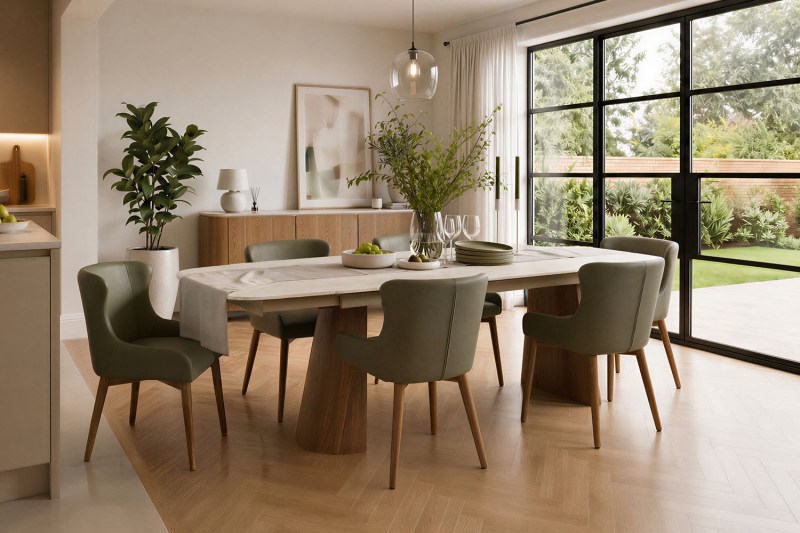 Lusso Ash 180-260cm Extending Dining Table Set with Green Chairs Lusso Ash 180-260cm Extending Dining Table Set with Green Chairs