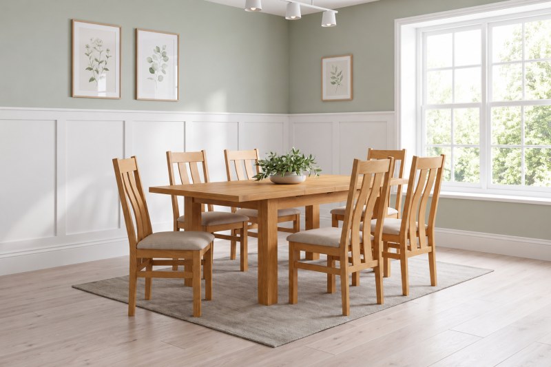 Dorset Oak Medium Extending Dining Table Set 132-198cm + 6 Twin Slat Fabric Seat Chairs Dorset Oak Medium Extending Dining Table Set 132-198cm + 6 Twin Slat Fabric Seat Chairs