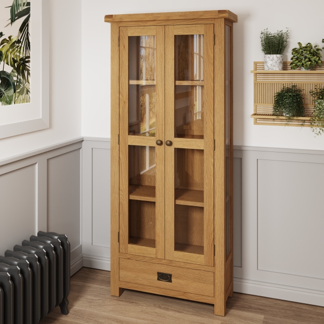 Light Rustic Oak Display Cabinet With Glass Doors Furniture World