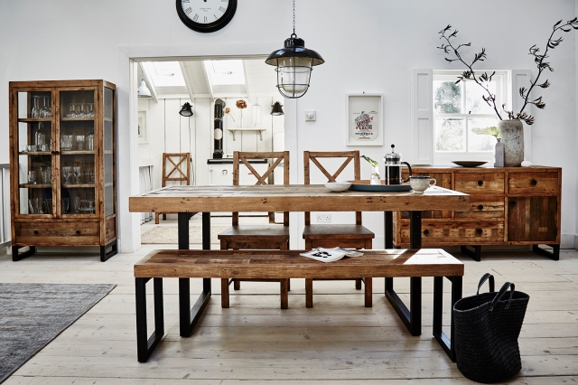 Baker Furniture Grant Reclaimed Wood 180cm Extending Dining Table Set with 140cm Bench & 2 Dining Chairs