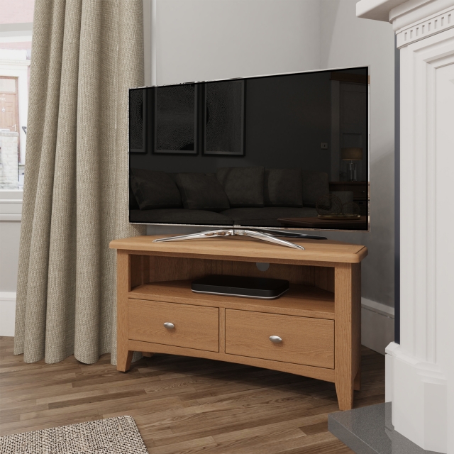 Modern oak corner shop tv unit