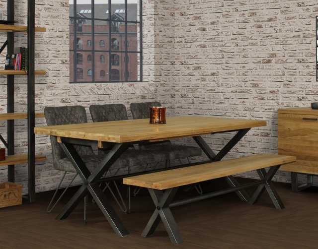 Classic Furniture Forge Industrial 190 Dining Table Set with 180cm Bench & 4 Grey Dining Chairs