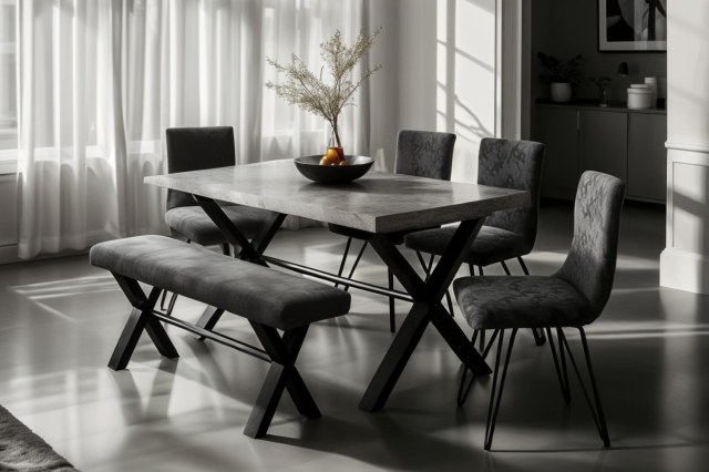 Forge Stone Effect 190 Dining Set Table, Bench and 4 Chairs Forge Stone Effect 190 Dining Set Table, Bench and 4 Chairs