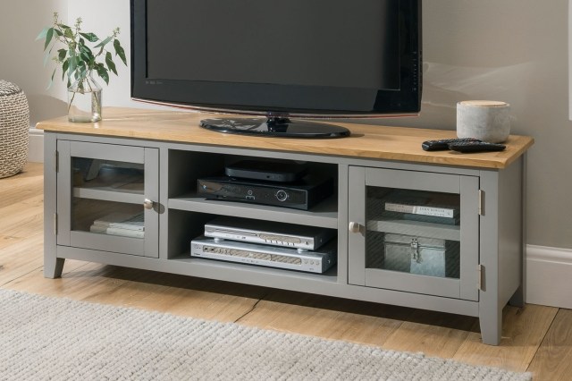 Chester Oak Painted Grey - Large TV Unit 150cm Wide| Moles Breath Grey Chester Oak Painted Grey - Large TV Unit 150cm Wide| Moles Breath Grey