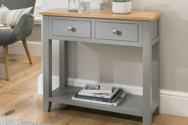 Chester Oak Painted Grey - 2 Console Table 85cm Wide| Moles Breath Grey Chester Oak Painted Grey - 2 Console Table 85cm Wide| Moles Breath Grey