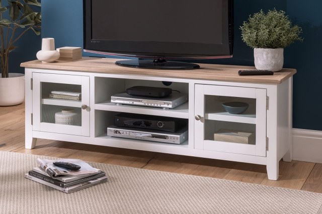 Chester Oak Painted White - Large TV Unit 150cm Wide| F&B All White Chester Oak Painted White - Large TV Unit 150cm Wide| F&B All White