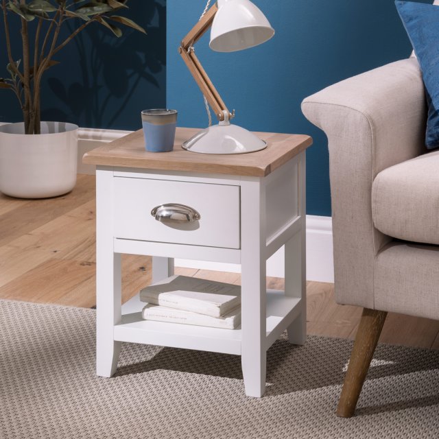 White and oak shop lamp table
