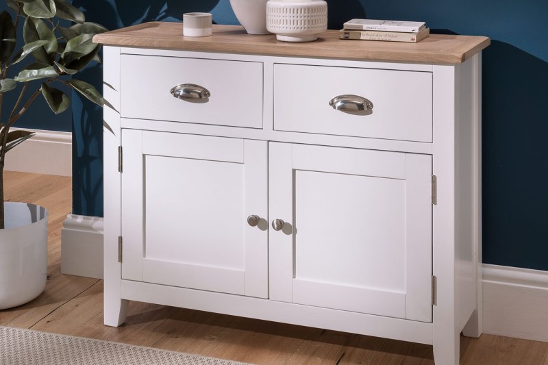 Chester Oak Painted White - Small 2 Door Sideboard 95cm Wide| F&B All White Chester Oak Painted White - Small 2 Door Sideboard 95cm Wide| F&B All White