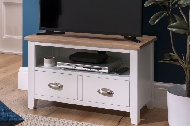 Chester Oak Painted White - Small TV Unit 80cm Wide| F&B All White Chester Oak Painted White - Small TV Unit 80cm Wide| F&B All White