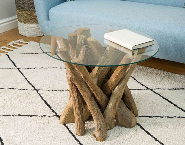 Driftwood side table clearance with glass top