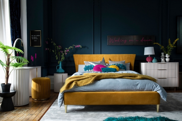 Baker Furniture Lotus Velvet Pleated Bed Frame in Yellow Turmeric