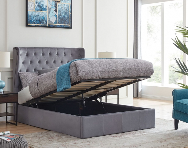 Store Clearance Items Holcombe King Size Ottoman Bed Frame in Grey Plush Fabric - STOCK