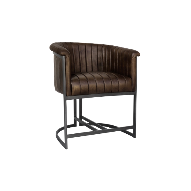 Kettle Interiors Curved Bucket Leather & Iron Dining Chair in Brown