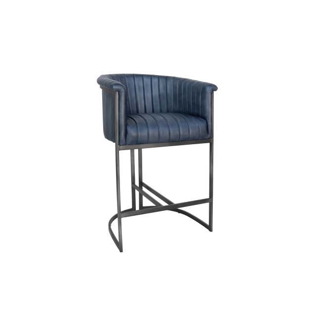 Kettle Interiors Curved Bucket Leather & Iron Bar Chair in Blue