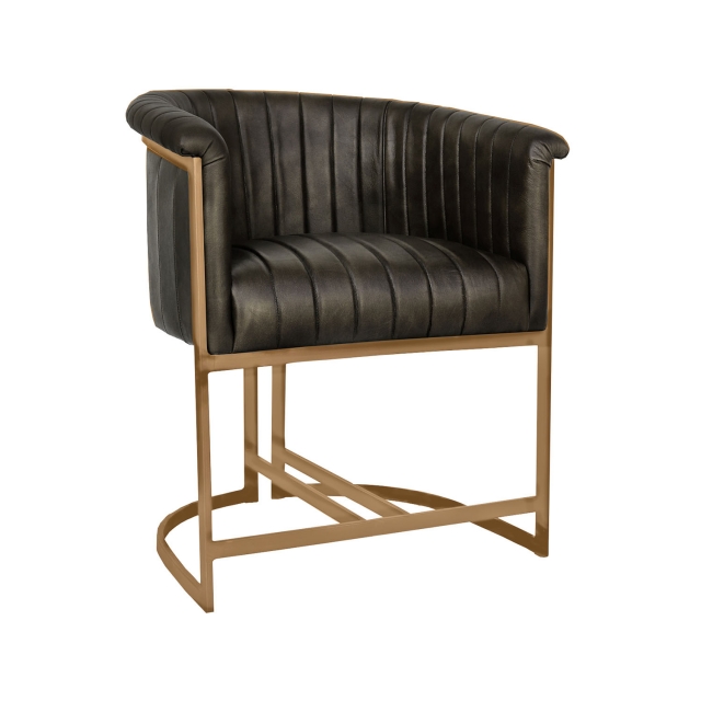 Kettle Interiors Curved Bucket Leather Chair in Dark Grey with Gold Metal