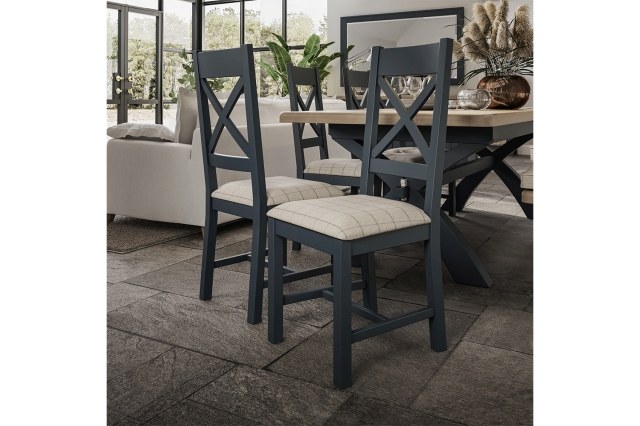 Smoked Painted Blue Oak Cross Back Dining Chair Natural Check Smoked Painted Blue Oak Cross Back Dining Chair Natural Check