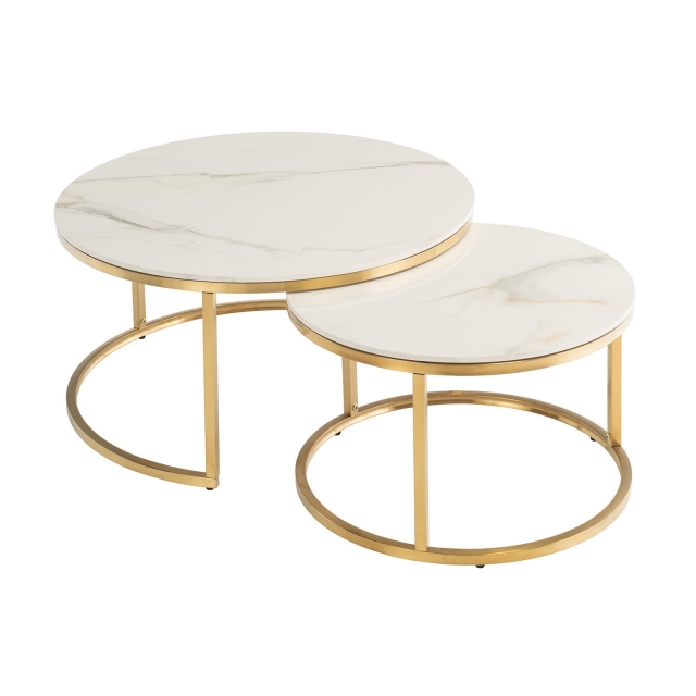 World Furniture Philadelphia Round Coffee Table Set in Kass Gold Top and Brushed Gold Legs