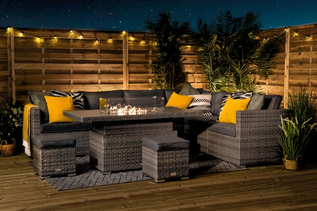 Home Junction Olympus Outdoor Corner Sofa with Rising Coffee to Dining Firepit Table and Stools