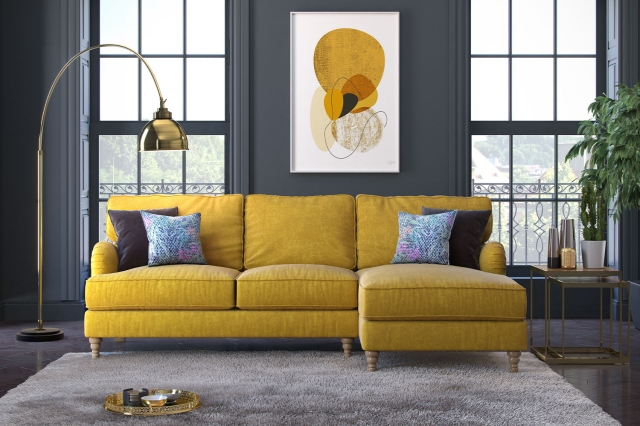Beatrice 3 Seater Chaise Sofa Shown in Mustard Yellow