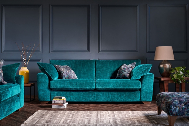 Mullion Upholstered 3 Seater Sofa Shown in Teal Blue Furniture
